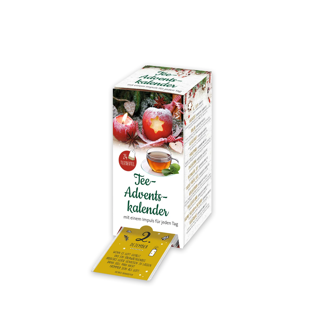 Teebox, Teebeutel, Impuls auf Teetüte, Apfel mit Stern, Kerze, Teetasse