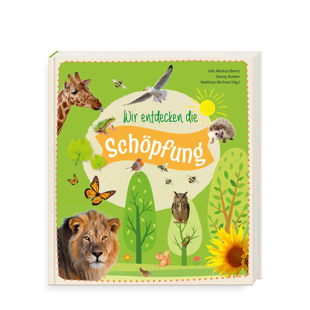 Buchtitelblatt, Wir entdecken die Schöpfung, grüner Hintergrund mit Tierabbildungen Löwe, Giraffe, Bäume und Sonne, kinderfreundliche Zeichnung