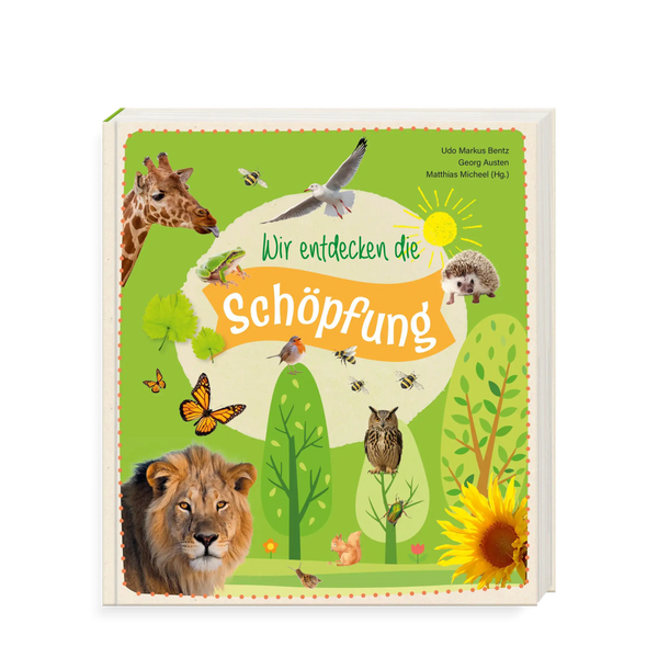 Buchtitelblatt, Wir entdecken die Schöpfung, grüner Hintergrund mit Tierabbildungen Löwe, Giraffe, Bäume und Sonne, kinderfreundliche Zeichnung