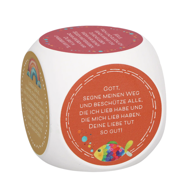 Gebetswürfel „Dankgebete“ für Kinder – christliches Geschenk mit kurzen Tischgebeten und bunten Motiven