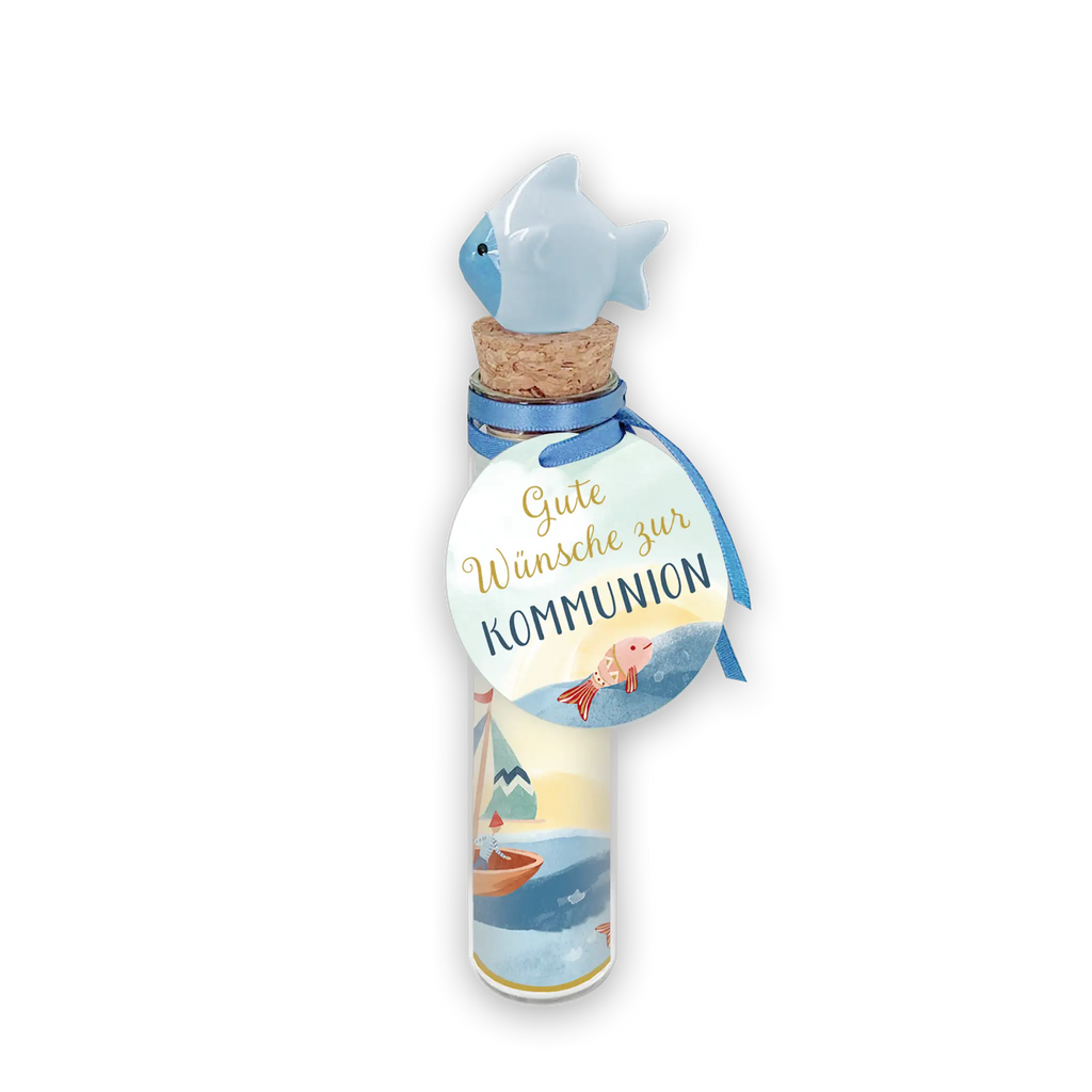 Wunscherfüller aus Glas „Flaschenpost“ zur Kommunion mit Fischmotiv und Anhänger „Gute Wünsche zur Kommunion“