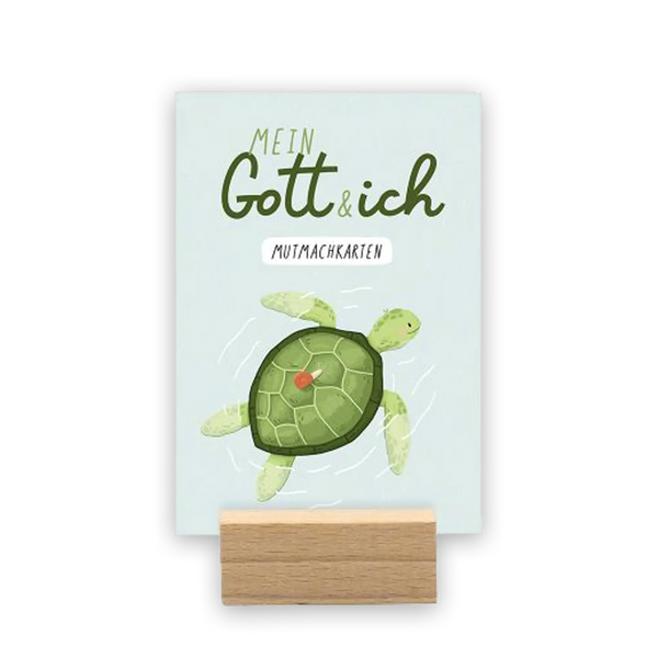 Mutmachkarten-Set „Mein Gott & ich“ mit Schildkrötenmotiv – christliche Karten mit Holzaufsteller zur Ermutigung.