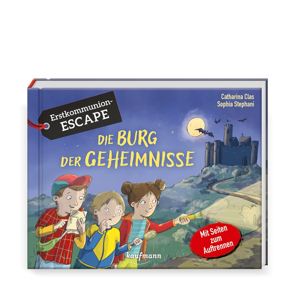 Buchcover „Erstkommunion Escape – Die Burg der Geheimnisse“ von Catharina Clas und Sophia Stephani – illustriertes Kinderbuch mit Rätsel- und Abenteuermotiv.