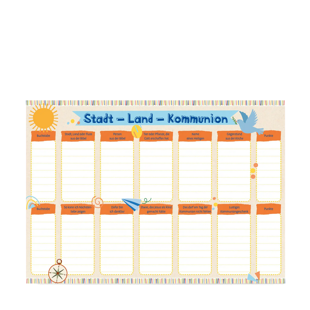 Innenseite des Spielblocks „Stadt-Land-Kommunion“ – Spielvorlage mit christlichen Kategorien zur Erstkommunion für Kinder.