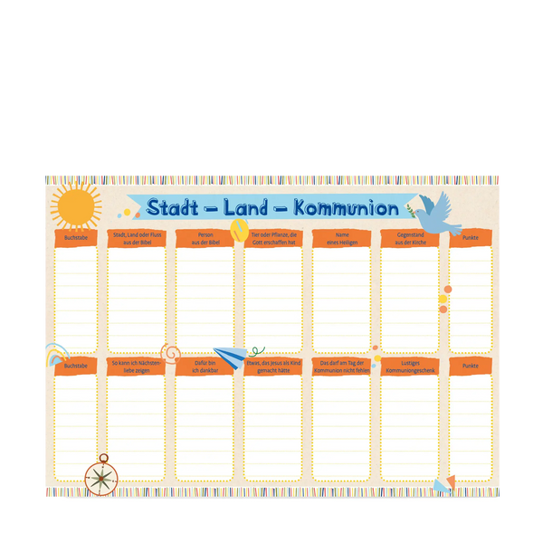 Innenseite des Spielblocks „Stadt-Land-Kommunion“ – Spielvorlage mit christlichen Kategorien zur Erstkommunion für Kinder.