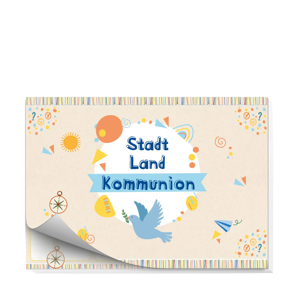 Spielblock „Stadt Land Kommunion“ – christliches Kinder-Spiel zur Erstkommunion mit Taube und bunten Illustrationen.