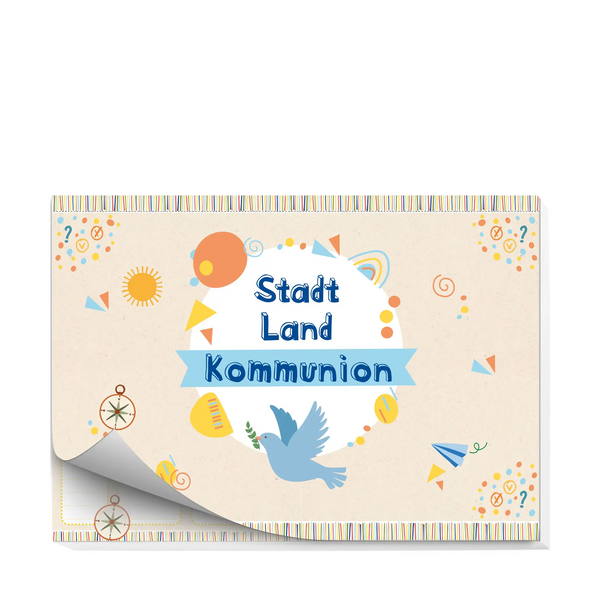 Spielblock „Stadt Land Kommunion“ – christliches Kinder-Spiel zur Erstkommunion mit Taube und bunten Illustrationen.