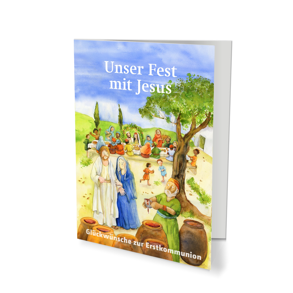 Das liebevoll gestaltete Motiv zeigt eine fröhliche Szene rund um Jesus und vermittelt Wärme, Gemeinschaft und Freude – passend zum großen Tag der Erstkommunion. Im Dorf Galiläa wird Hochzeit gefeiert. Kinder lachen, Erwachsene stoßen an, bis der Wein knapp wird. Maria vertraut Jesus.