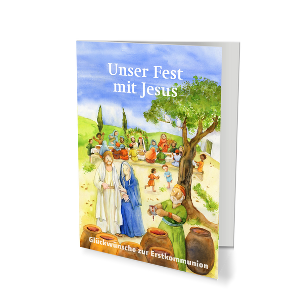 Das liebevoll gestaltete Motiv zeigt eine fröhliche Szene rund um Jesus und vermittelt Wärme, Gemeinschaft und Freude – passend zum großen Tag der Erstkommunion. Im Dorf Galiläa wird Hochzeit gefeiert. Kinder lachen, Erwachsene stoßen an, bis der Wein knapp wird. Maria vertraut Jesus.