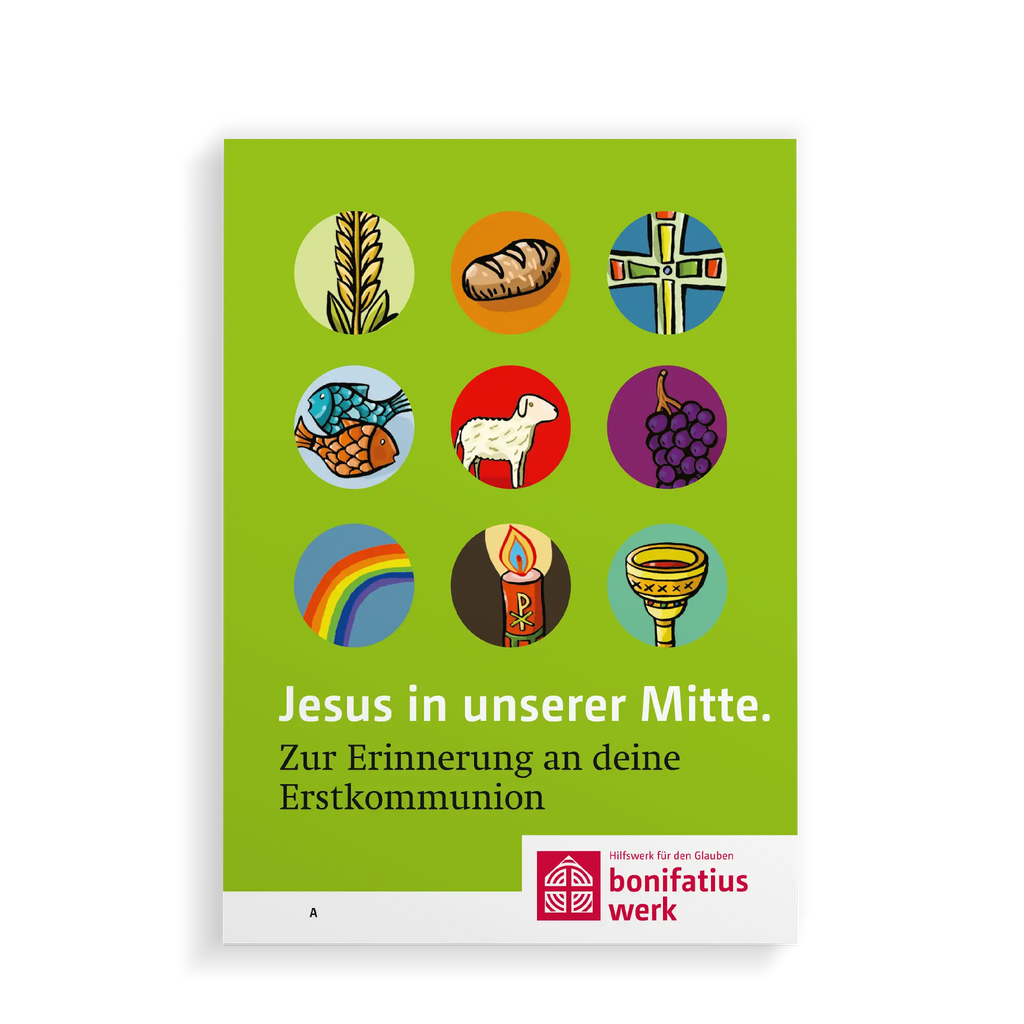 9 Bilder im Kreis, Ähre, Brot, Kreuz, Fische, Schaf, Trauben, Regenbogen, Kerze, Kelch, grüner Hintergrund