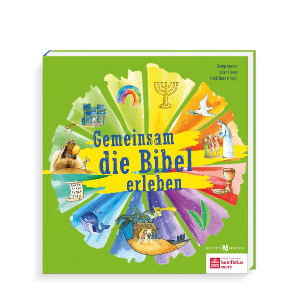 Buchcover „Gemeinsam die Bibel erleben“ – farbenfrohes Kinderbuch zur Bibel mit Illustrationen biblischer Geschichten und religiöser Symbole.