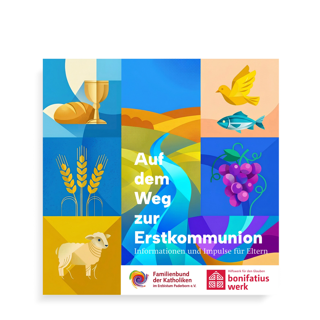 Titelseite der Broschüre „Auf dem Weg zur Erstkommunion“ mit christlichen Symbolen wie Kelch, Brot, Taube, Fisch, Weizen, Trauben und Lamm sowie farbenfroher Landschaftsgrafik und Informationen für Eltern.