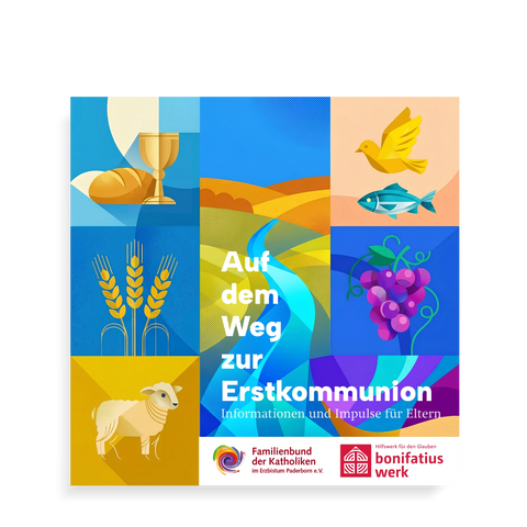 Titelseite der Broschüre „Auf dem Weg zur Erstkommunion“ mit christlichen Symbolen wie Kelch, Brot, Taube, Fisch, Weizen, Trauben und Lamm sowie farbenfroher Landschaftsgrafik und Informationen für Eltern.