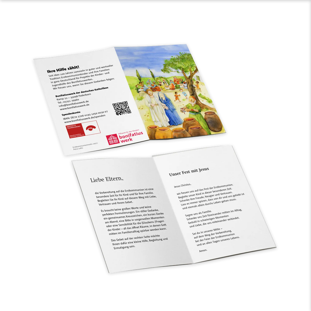 Das liebevoll gestaltete Gebetsbild zeigt eine fröhliche Szene rund um Jesus und vermittelt Wärme, Gemeinschaft und Freude – passend zum großen Tag der Erstkommunion. Im Dorf Galiläa wird Hochzeit gefeiert. Kinder lachen, Erwachsene stoßen an, bis der Wein knapp wird. Maria vertraut Jesus. Mit Feld zum Eintragen von Datum, Uhrzeit und Ort. Im Innenteil Gebet für Eltern. Auf der Rückseite Spendenaufruf für das Bonifatiuswerk.