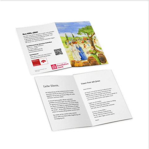 Das liebevoll gestaltete Gebetsbild zeigt eine fröhliche Szene rund um Jesus und vermittelt Wärme, Gemeinschaft und Freude – passend zum großen Tag der Erstkommunion. Im Dorf Galiläa wird Hochzeit gefeiert. Kinder lachen, Erwachsene stoßen an, bis der Wein knapp wird. Maria vertraut Jesus. Mit Feld zum Eintragen von Datum, Uhrzeit und Ort. Im Innenteil Gebet für Eltern. Auf der Rückseite Spendenaufruf für das Bonifatiuswerk.