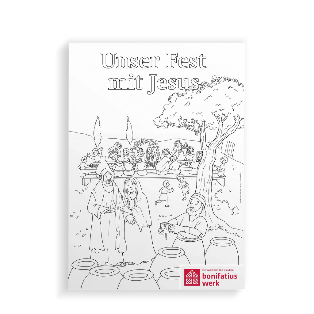 Das Ausmalbild zeigt eine fröhliche Szene rund um Jesus und vermittelt Wärme, Gemeinschaft und Freude – passend zum großen Tag der Erstkommunion. Im Dorf Galiläa wird Hochzeit gefeiert. Kinder lachen, Erwachsene stoßen an, bis der Wein knapp wird. Maria vertraut Jesus. Enthält das Erstkommunionmotto "Unser Fest mit Jesus" und das Logo des Bonifatiuswerkes.