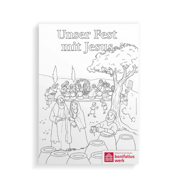 Das Ausmalbild zeigt eine fröhliche Szene rund um Jesus und vermittelt Wärme, Gemeinschaft und Freude – passend zum großen Tag der Erstkommunion. Im Dorf Galiläa wird Hochzeit gefeiert. Kinder lachen, Erwachsene stoßen an, bis der Wein knapp wird. Maria vertraut Jesus. Enthält das Erstkommunionmotto "Unser Fest mit Jesus" und das Logo des Bonifatiuswerkes.