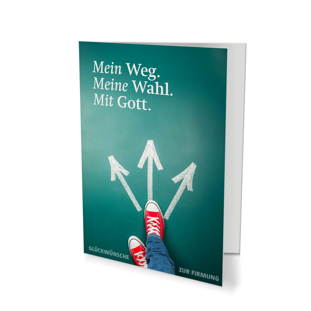 Glückwunschkarte zur Firmaktion 2027 mit dem Motto „Mein Weg. Meine Wahl. Mit Gott.“ – rote Sneakers stehen vor drei Wegpfeilen auf grünem Hintergrund, moderne Karte für Firmung.