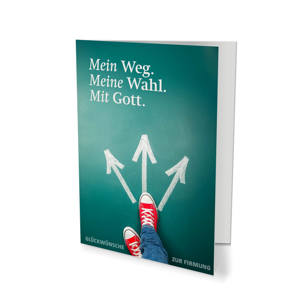 Glückwunschkarte zur Firmaktion 2027 mit dem Motto „Mein Weg. Meine Wahl. Mit Gott.“ – rote Sneakers stehen vor drei Wegpfeilen auf grünem Hintergrund, moderne Karte für Firmung.