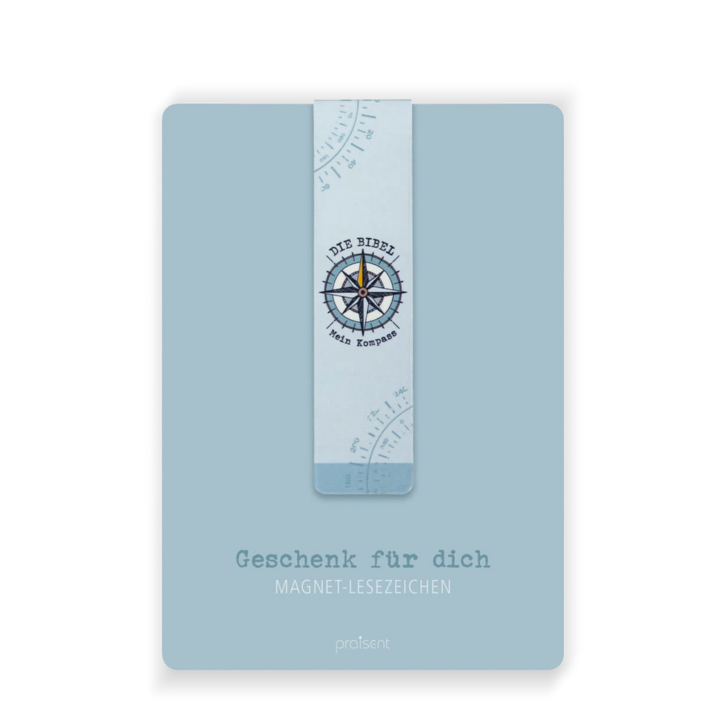 Magnetisches Lesezeichen „Die Bibel – Mein Kompass“ mit Kompassmotiv auf hellblauer Geschenkkarte. Praktisches Magnet-Lesezeichen für Bibel und Bücher.