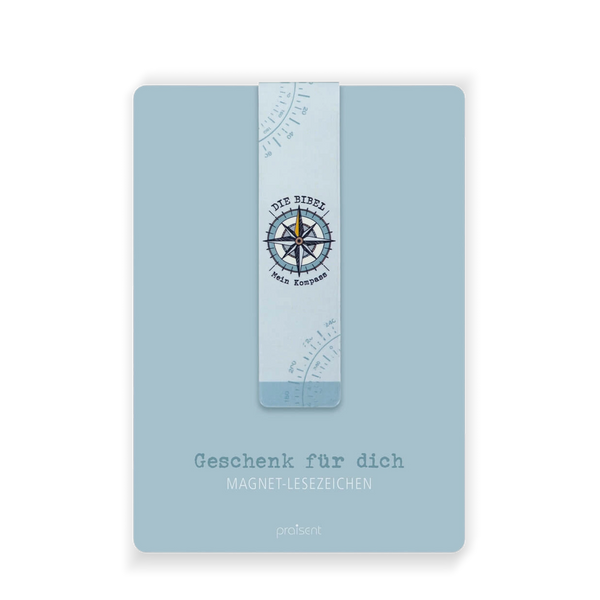 Magnetisches Lesezeichen „Die Bibel – Mein Kompass“ mit Kompassmotiv auf hellblauer Geschenkkarte. Praktisches Magnet-Lesezeichen für Bibel und Bücher.