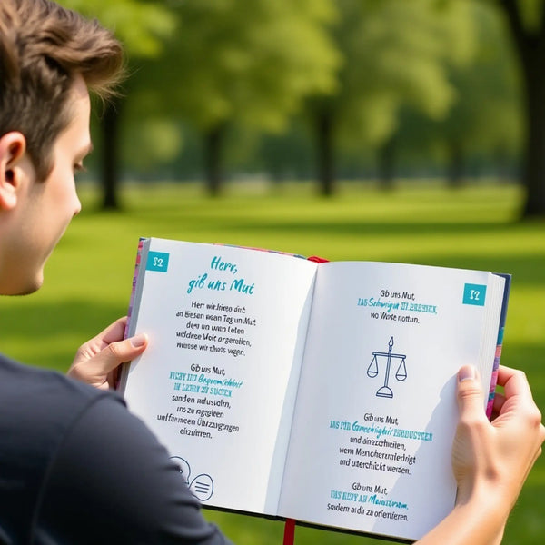 Innenansicht des Buches „Gebete Impulse Segen für die Schule“ von Brigitte Mehler, farbenfrohes Design mit pink, türkis und gelb, Verlag Butzon & Bercker, Jugendlicher hält aufgeschlagenes Buch in der Hand