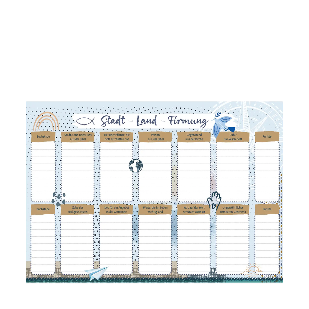 Innenansicht zeigt Kategorien wie "Buchstabe", "Stadt, Land oder Fluss aus der Bibel", "Text oder Pflanze, die Gott erschaffen hat", "Person aus der Bibel" usw. Hellblauer Hintergrund mit Kompass, Regenbogen, Taube, Weltkugel, Hand, Papierflieger.