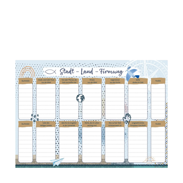 Innenansicht zeigt Kategorien wie "Buchstabe", "Stadt, Land oder Fluss aus der Bibel", "Text oder Pflanze, die Gott erschaffen hat", "Person aus der Bibel" usw. Hellblauer Hintergrund mit Kompass, Regenbogen, Taube, Weltkugel, Hand, Papierflieger.