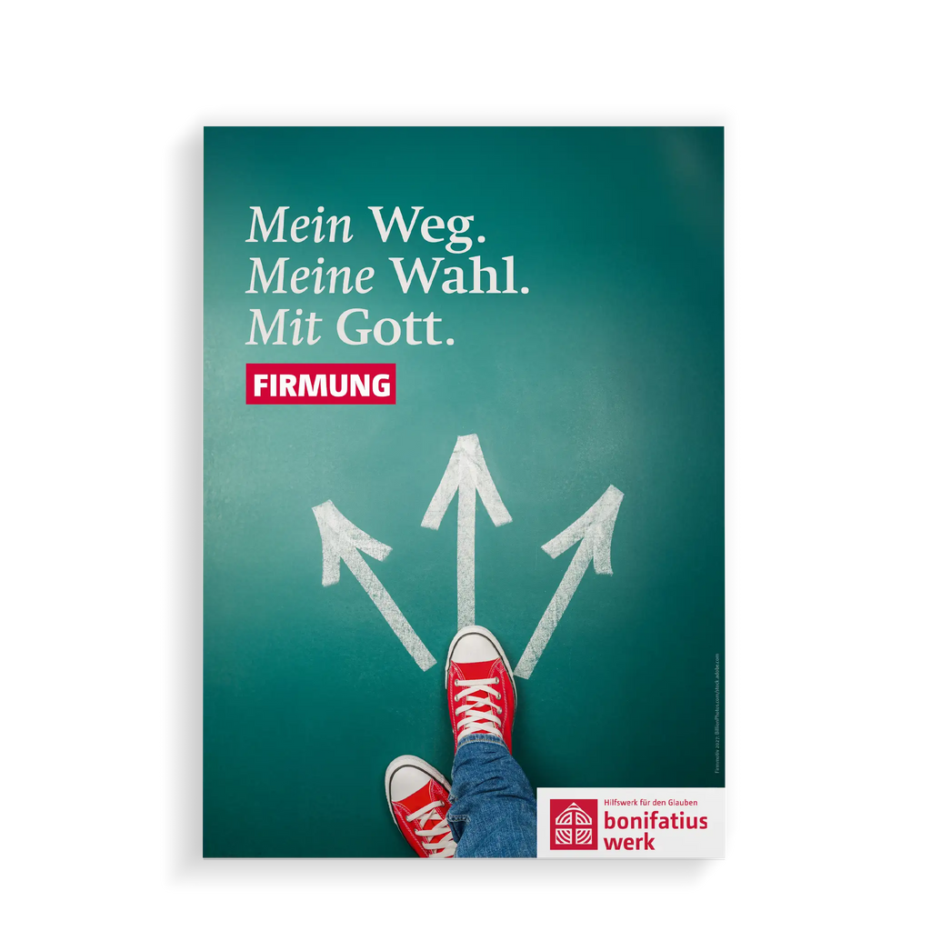Motivplakat Firmaktion 2027 mit dem Motto „Mein Weg. Meine Wahl. Mit Gott.“ – rote Sneakers stehen vor drei Wegpfeilen auf grünem Hintergrund, modernes Plakat für Firmung und Gemeinde.