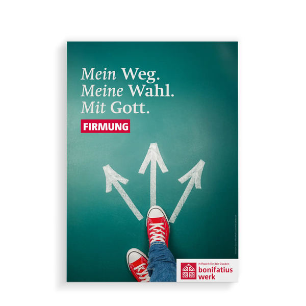 Motivplakat Firmaktion 2027 mit dem Motto „Mein Weg. Meine Wahl. Mit Gott.“ – rote Sneakers stehen vor drei Wegpfeilen auf grünem Hintergrund, modernes Plakat für Firmung und Gemeinde.