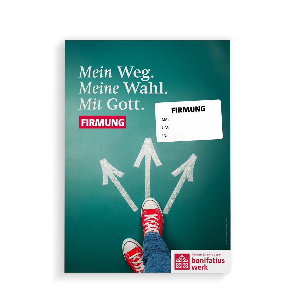 Veranstaltungsplakat Firmaktion 2027 mit dem Motto „Mein Weg. Meine Wahl. Mit Gott.“ – jugendliches Design mit roten Sneakers auf Wegpfeilen und Feld zum Eintragen des Datums.