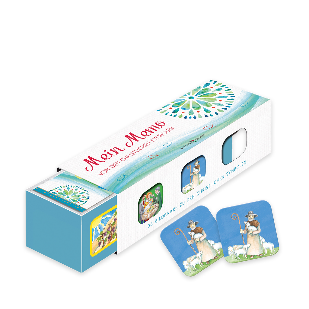 Spielebox mit Mein Memo der christlichen Symbole und zwei Spielkarten mit blauem Hintergrund und einem Hirten als Motiv