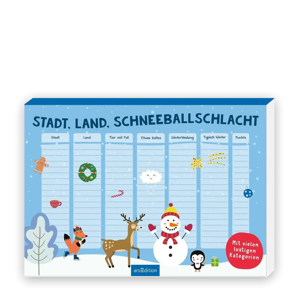 Spieleblock, Stadt, Land, Fluss-Vorlagen, klassische Kategorien, neue und verrückte Kategorien, Winter, Weihnachtszeit, Schneemann, Rentier, Schlittschuhlaufen, Zuckerstange, Geschenke, Tabellenform, Spielblock