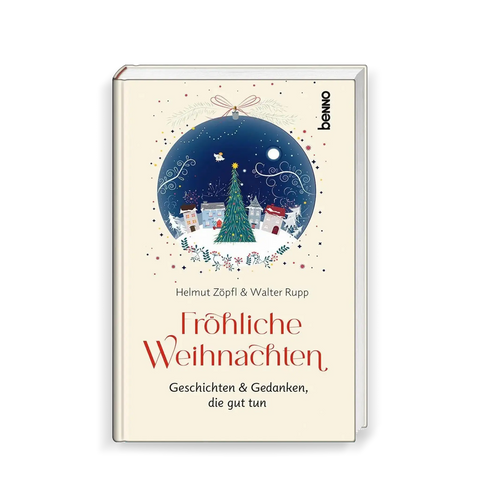 Weihnachtskugel mit Winterlandschaft, Schnee, Tannenbaum, Engel, Häuser im Schnee, Zweige, Ornamente