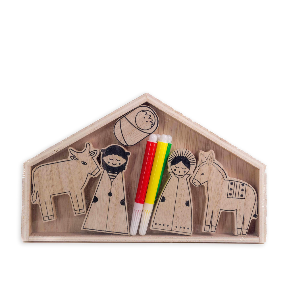 Holzkrippe mit Figuren der Heiligen Familie, Ochs und Esel sowie drei Buntstiften zum Ausmalen