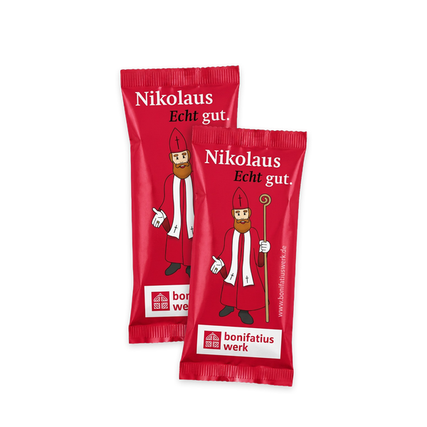 Rote Gummibärchen Verpackung mit Nikolaus echt gut und dem Bonifatiuswerk Logo