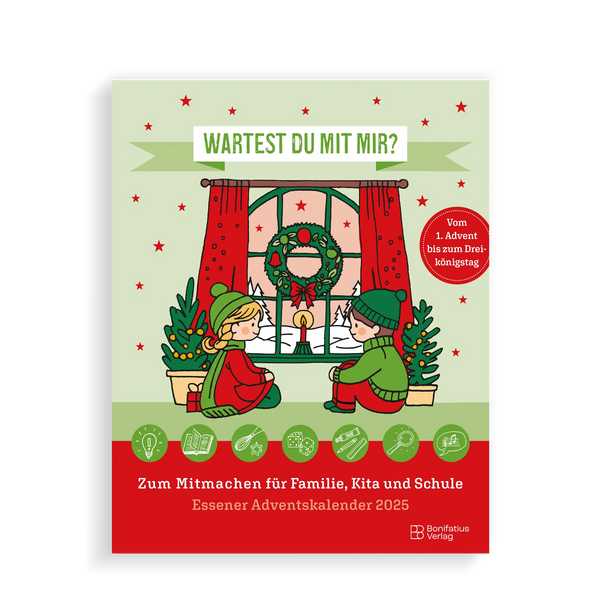 Kinder, vor Fenster sitzend, warten, Adventskranz, Kerze, Schneelandschaft, Sterne, Tannen, weihnachtlich geschmückt