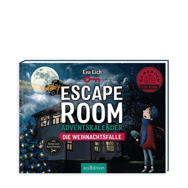 Cover des Kinderbuchs "Escape Room Adventskalender - Die Weihnachtsfalle" von Eva Eich mit winterlichem Hausmotiv