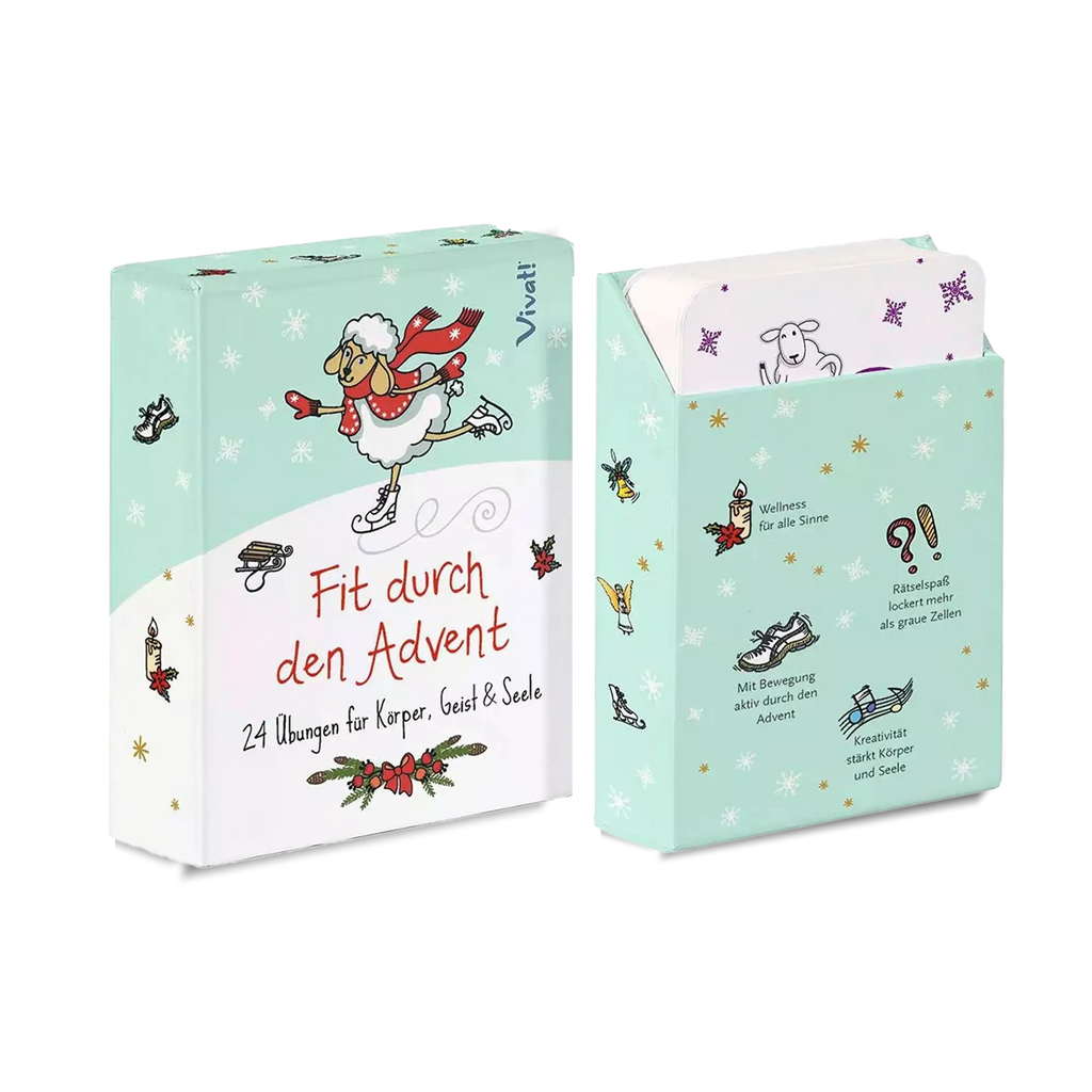 adventskalender, karten, adventszeit, fitness, schaf auf schlittschuhen, in kartenbox