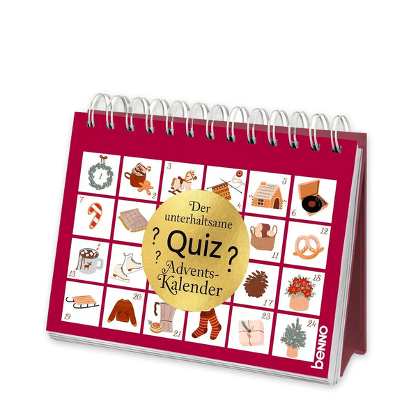 Quiz, Adventskalender, 24 Bilder, jeder Tag mit anderem Motiv, Kranz, Schaukelpferd, Zuckerstange, Schlittschuhe, Schlitten, Tannenbaum, Geschenk