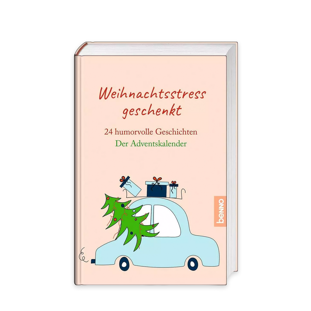 Buch „Weihnachtsstress geschenkt“ – Adventskalender mit 24 humorvollen Geschichten und weihnachtlichem Auto-Cartoon auf dem Cover.