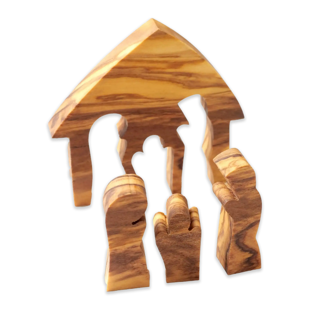 holzkrippe, ausgestanzt, maria, josef, jesuskind, einzelne figuren lassen sich aus stall lösen