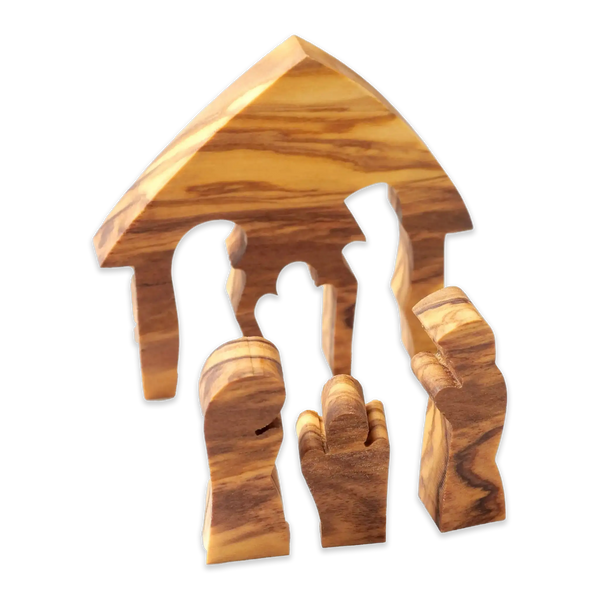 holzkrippe, ausgestanzt, maria, josef, jesuskind, einzelne figuren lassen sich aus stall lösen