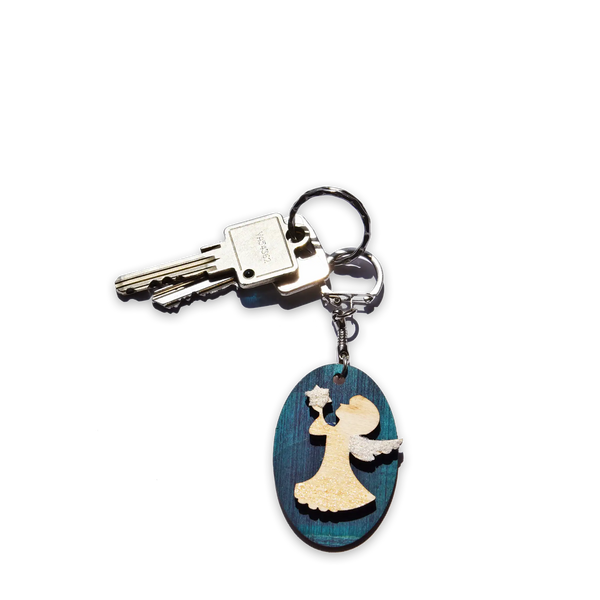 Schlüsselbund, Anhänger, Holz, oval, Engel mit Stern in Hand