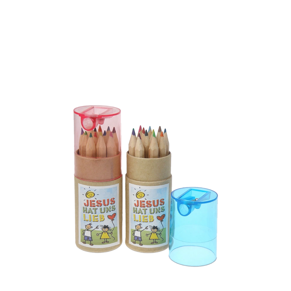 Mini-Buntstifte in transparenter Stiftebox mit christlichem Motiv „Jesus hat uns lieb“