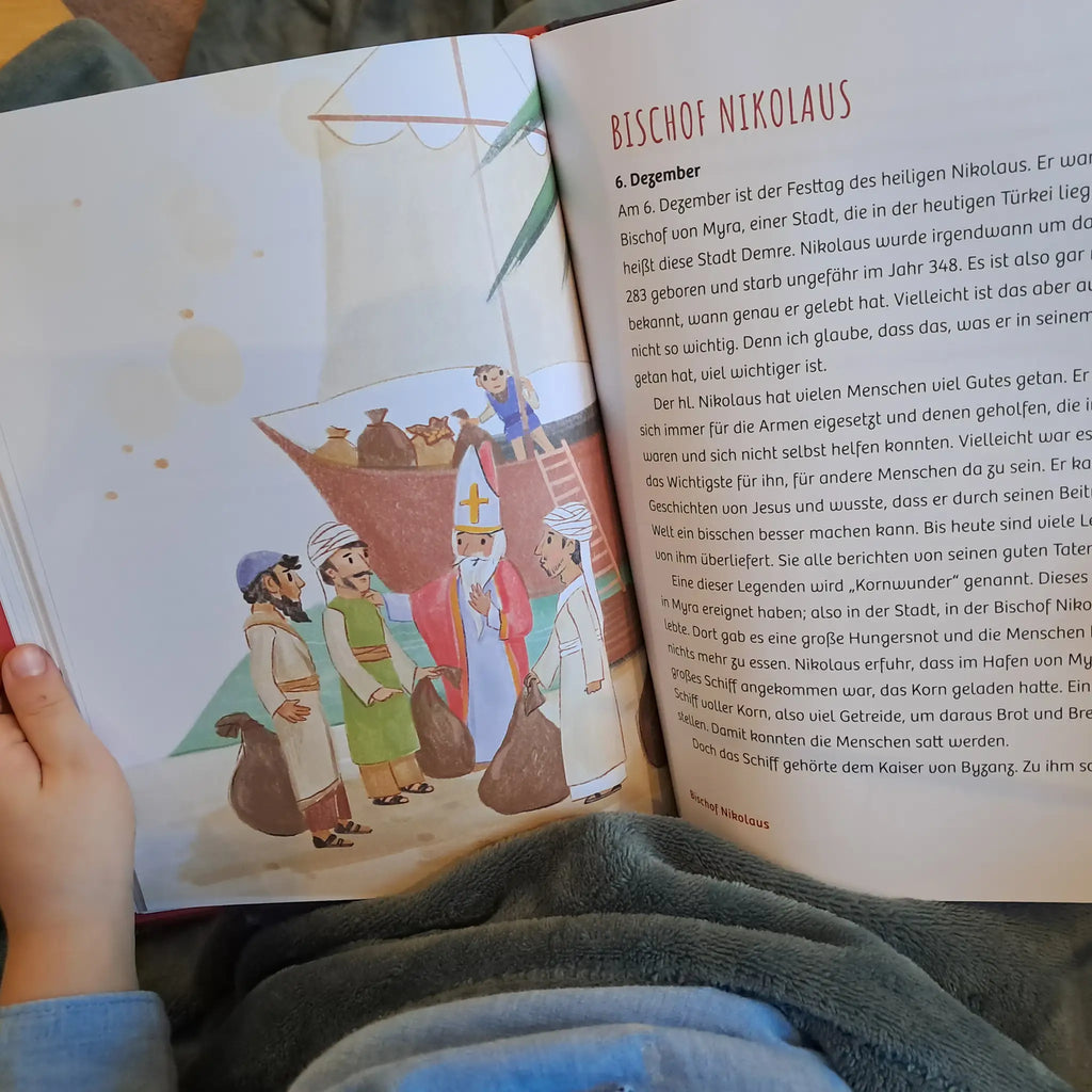 aufgeschlagenes buch, bischof nikolaus, text und bild, nikolaus am schiff