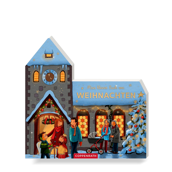 buch in kirchenform, schnee, tannenbaum