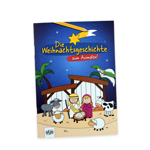 Die Weihnachtsgeschichte zum Ausmalen mit Krippenszene, Maria, Josef, Jesuskind und Tieren
