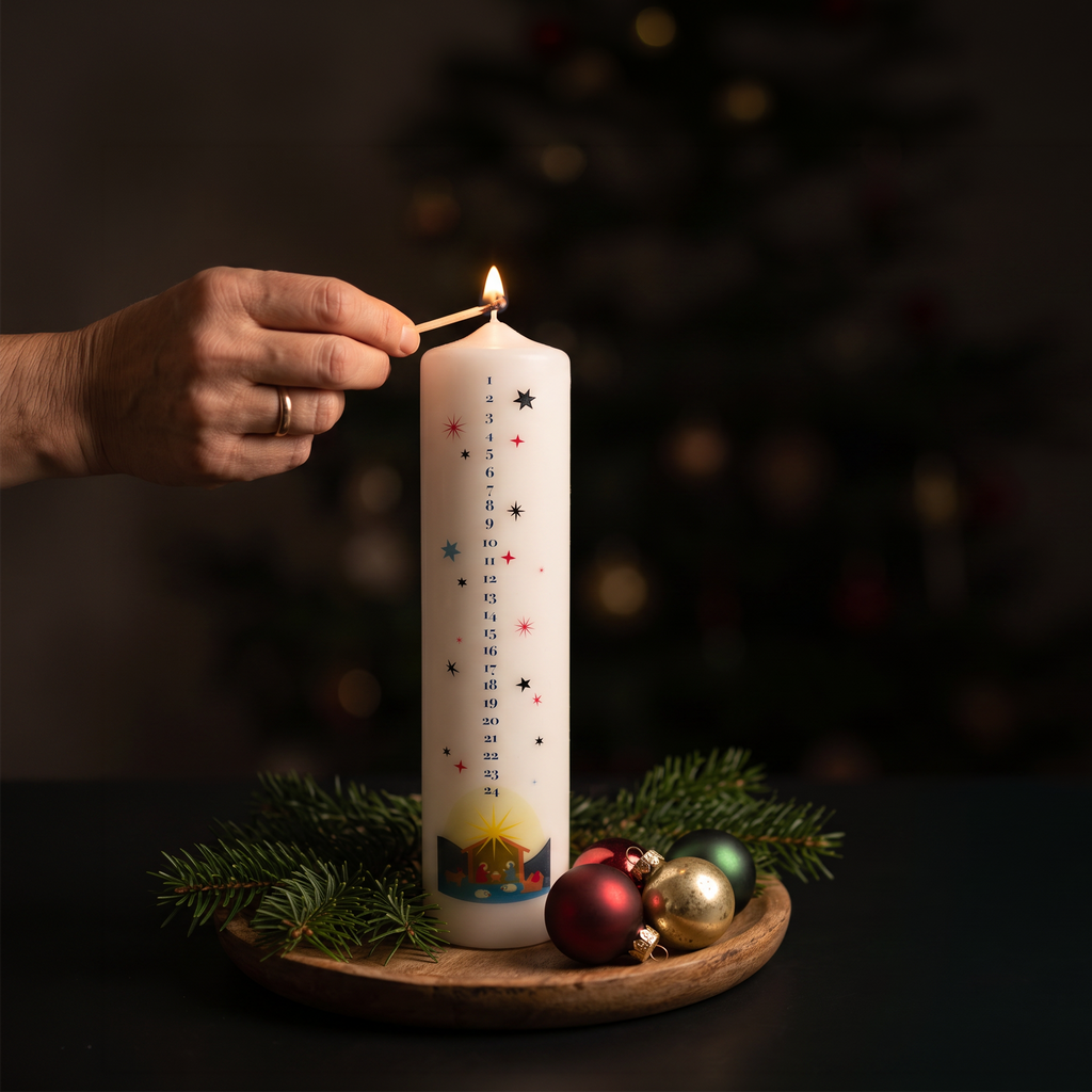 Weiße Adventskalenderkerze mit Zahlen von 1 bis 24 und Krippenmotiv, dekoriert mit Tannenzweigen und Christbaumkugeln
