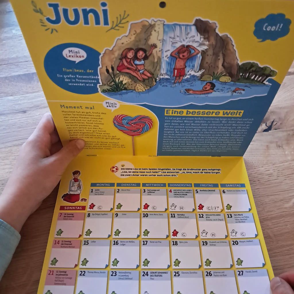 ministranten, wandkalender, juni, monatsübersicht, wasserfall, kinder, schwimmen